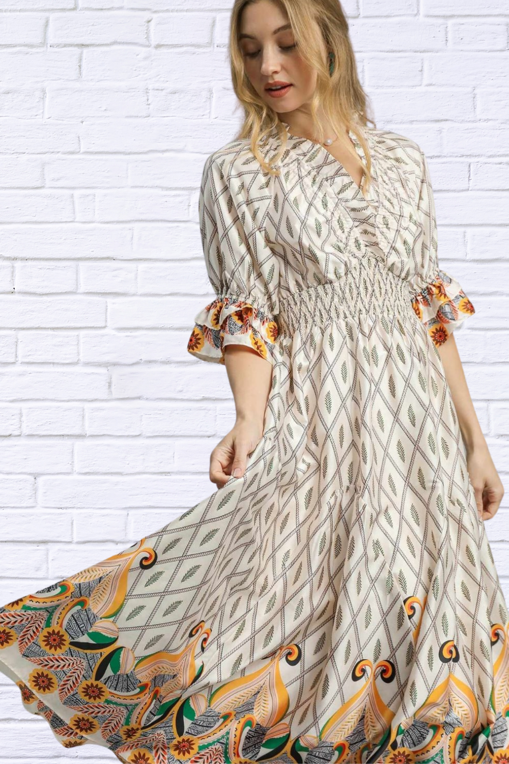 Bohemian Geometric Floral Midi Dress – Artfully Feminine & Effortlessly Chic