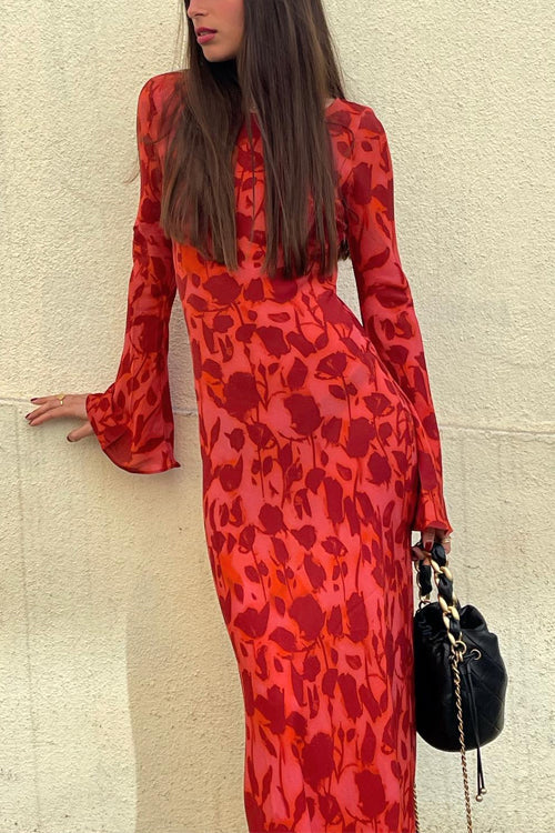 Bell Long Sleeves Floral Print Maxi Dress