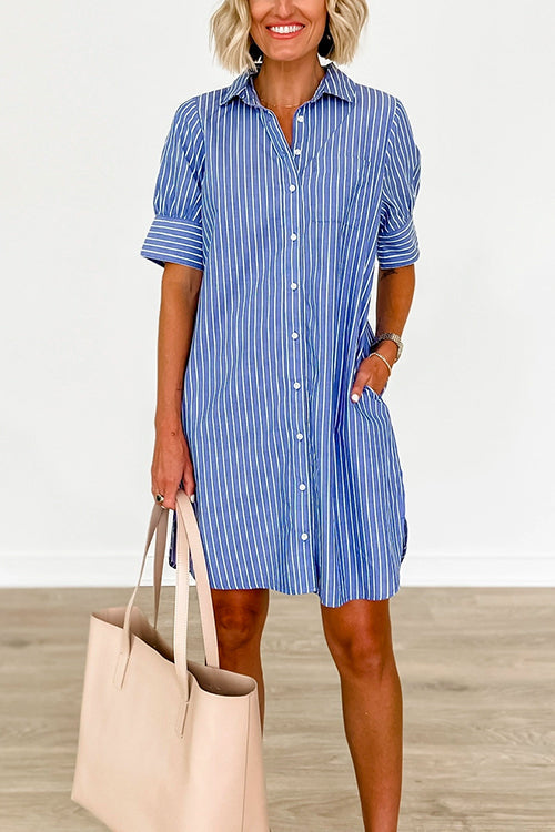 Button Down Short Sleeves Striped Shirt Dress Blue