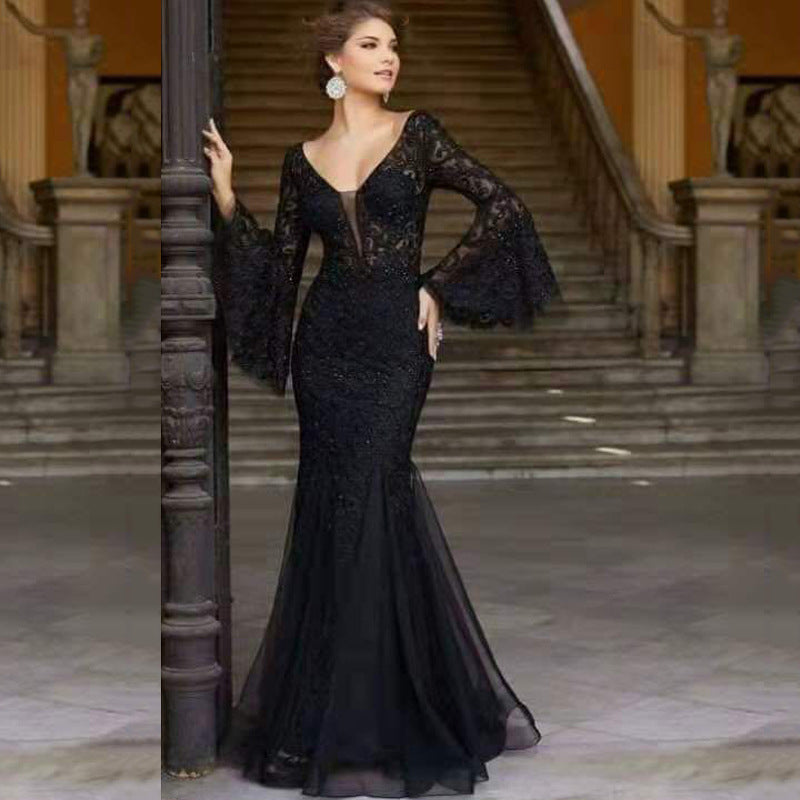 Lace Embroidered Fishtail Black Slim Fit Evening Dress