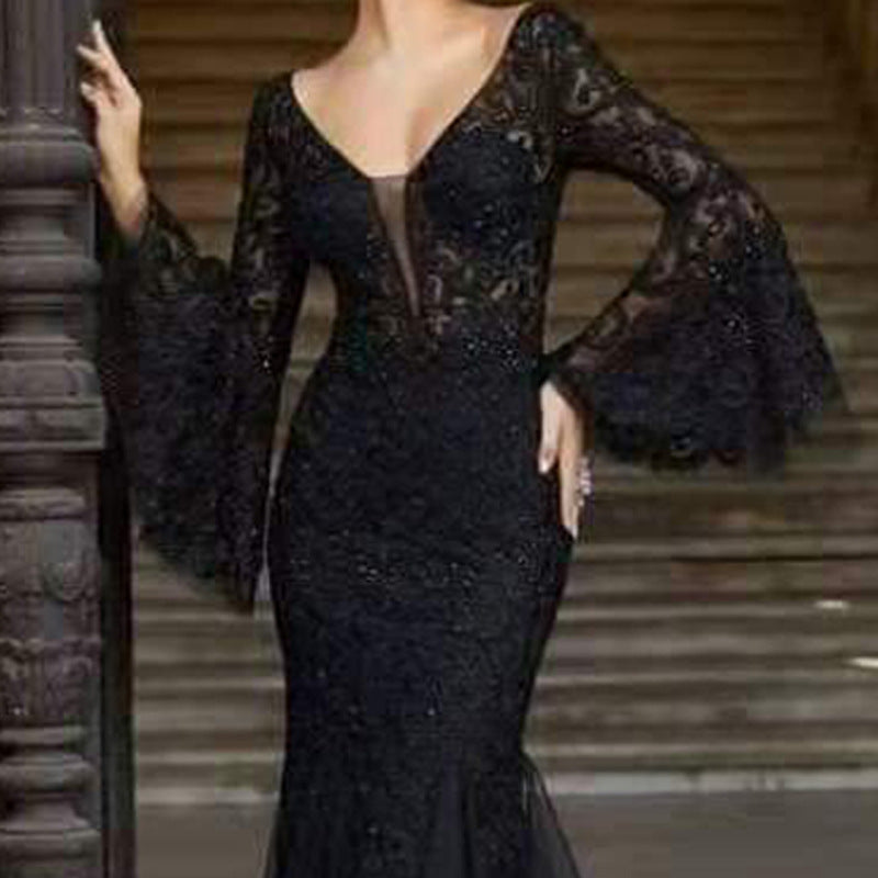 Lace Embroidered Fishtail Black Slim Fit Evening Dress