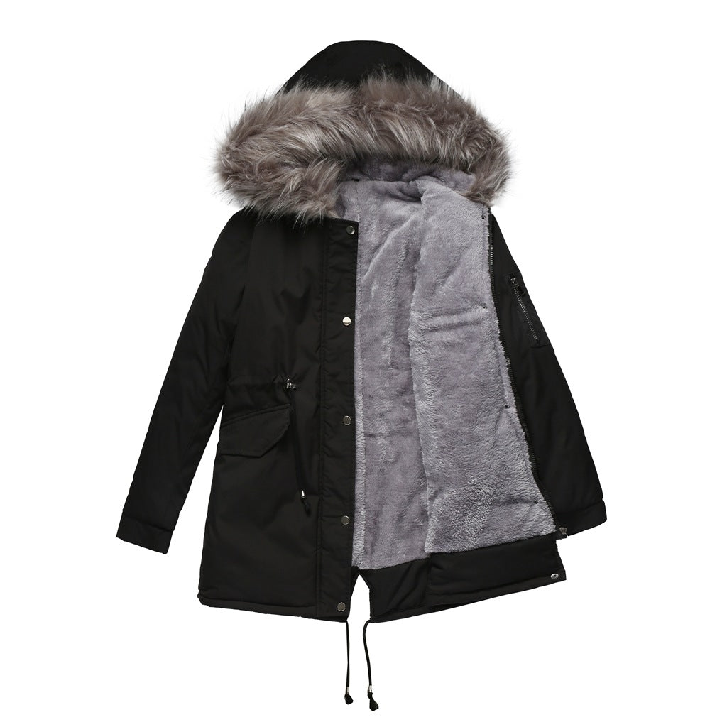 Big Fur Collar Cotton-Padded Coat Mid-Length