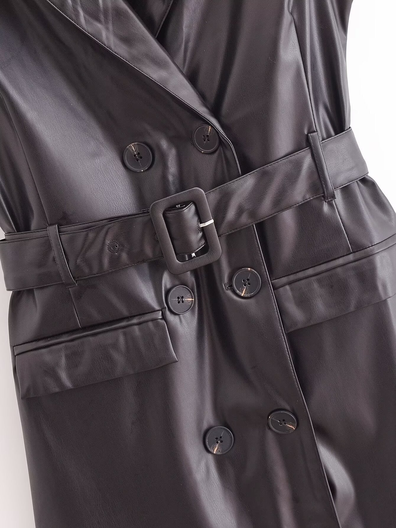 Faux Leather Sleeveless Trench Coat Dress