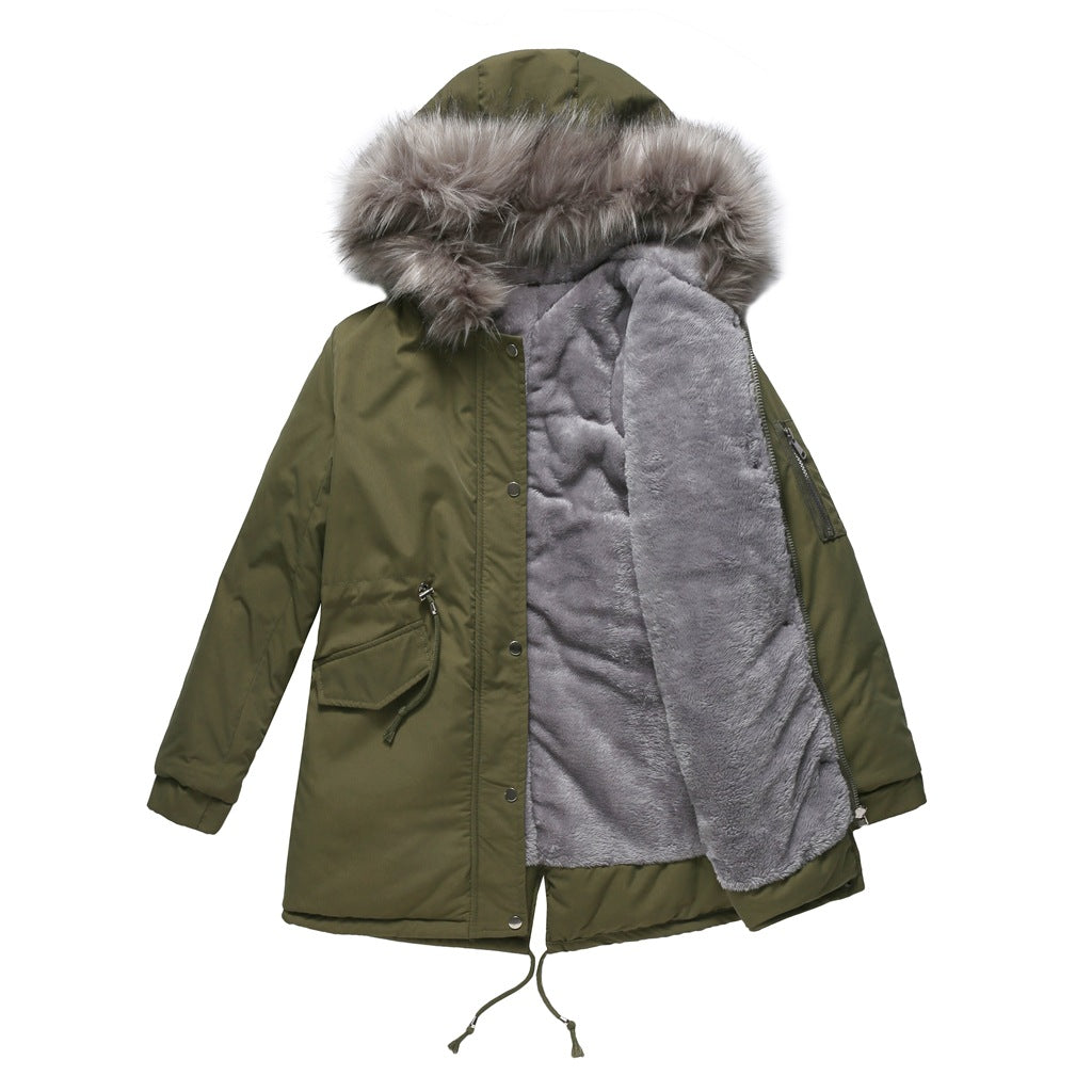 Big Fur Collar Cotton-Padded Coat Mid-Length