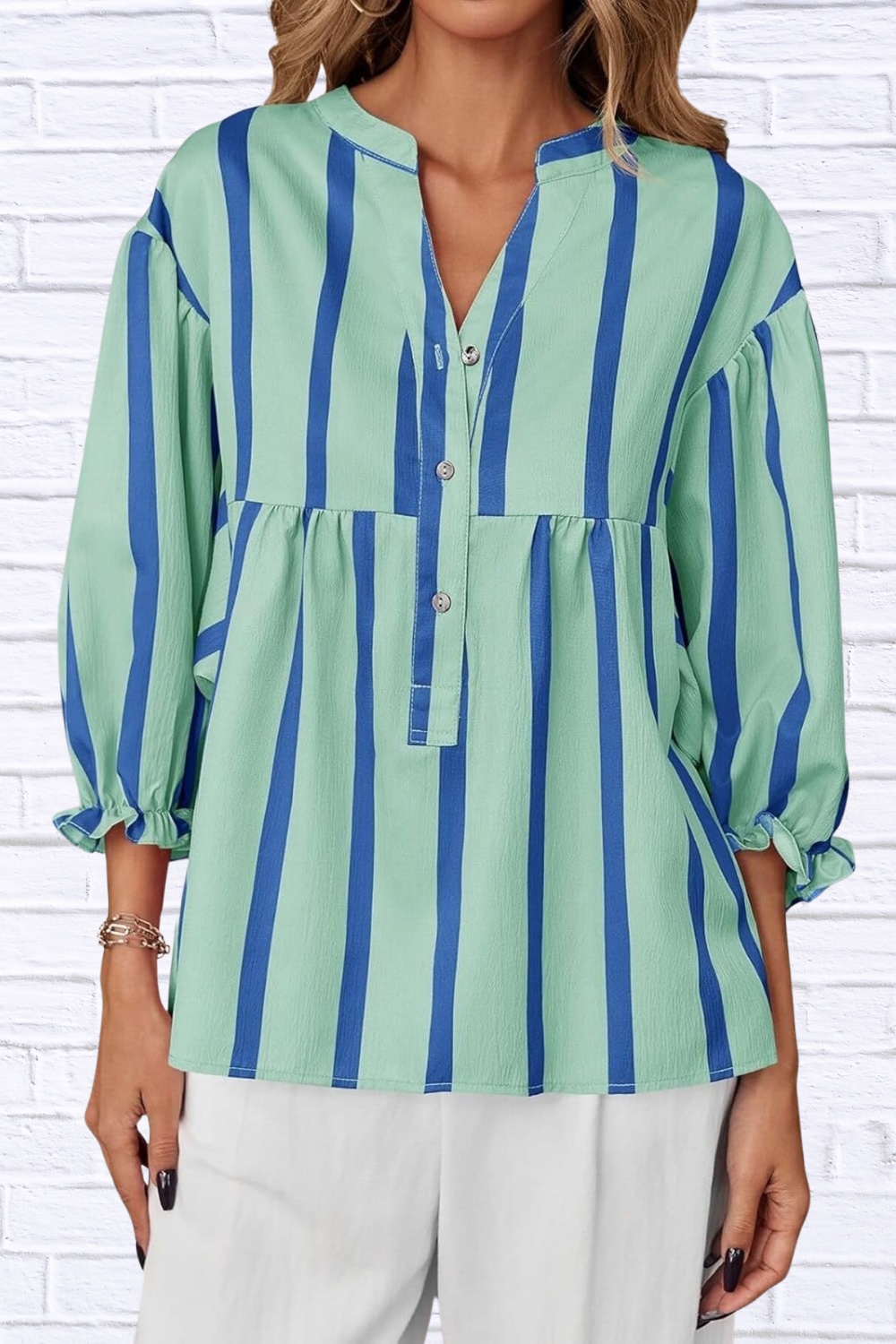Striped Button Front Notched Blouse