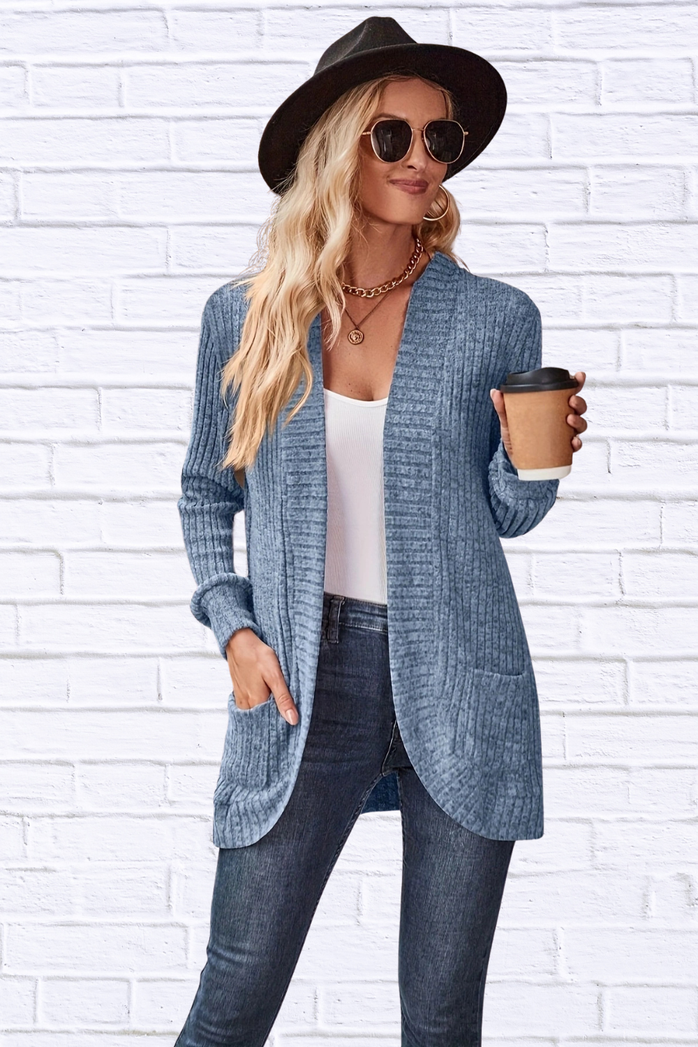 Ribbed Open Front Long Cardigan with Pockets