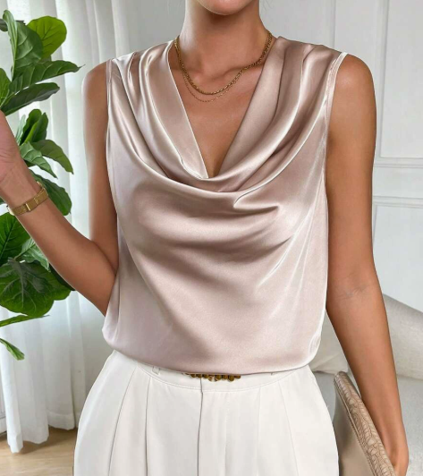 Pleated Sleeveless Satin Faux Silk Shirt Top