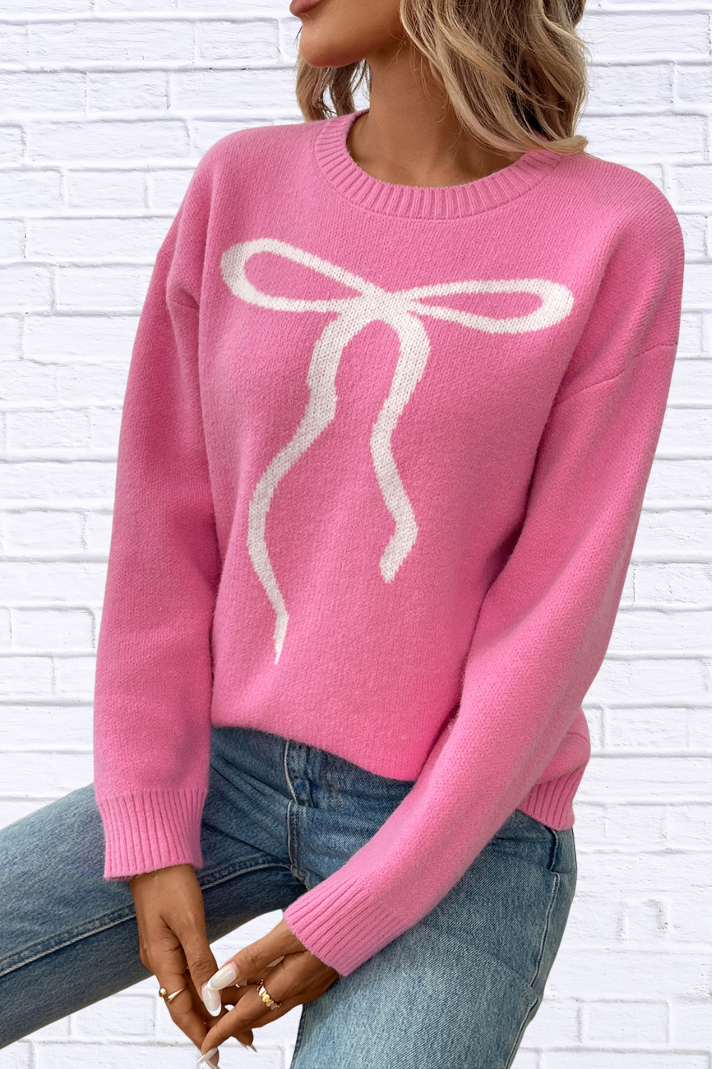 Bow Round Neck Long Sleeve Sweater