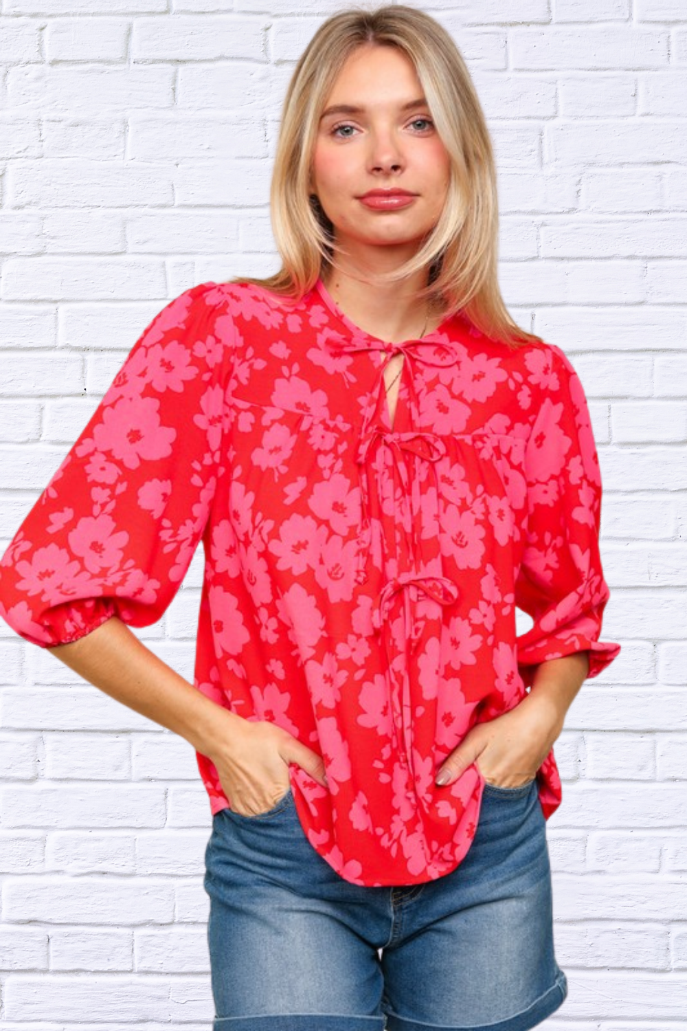 Full Size Ribbon Bow Floral Balloon Sleeve Blouse