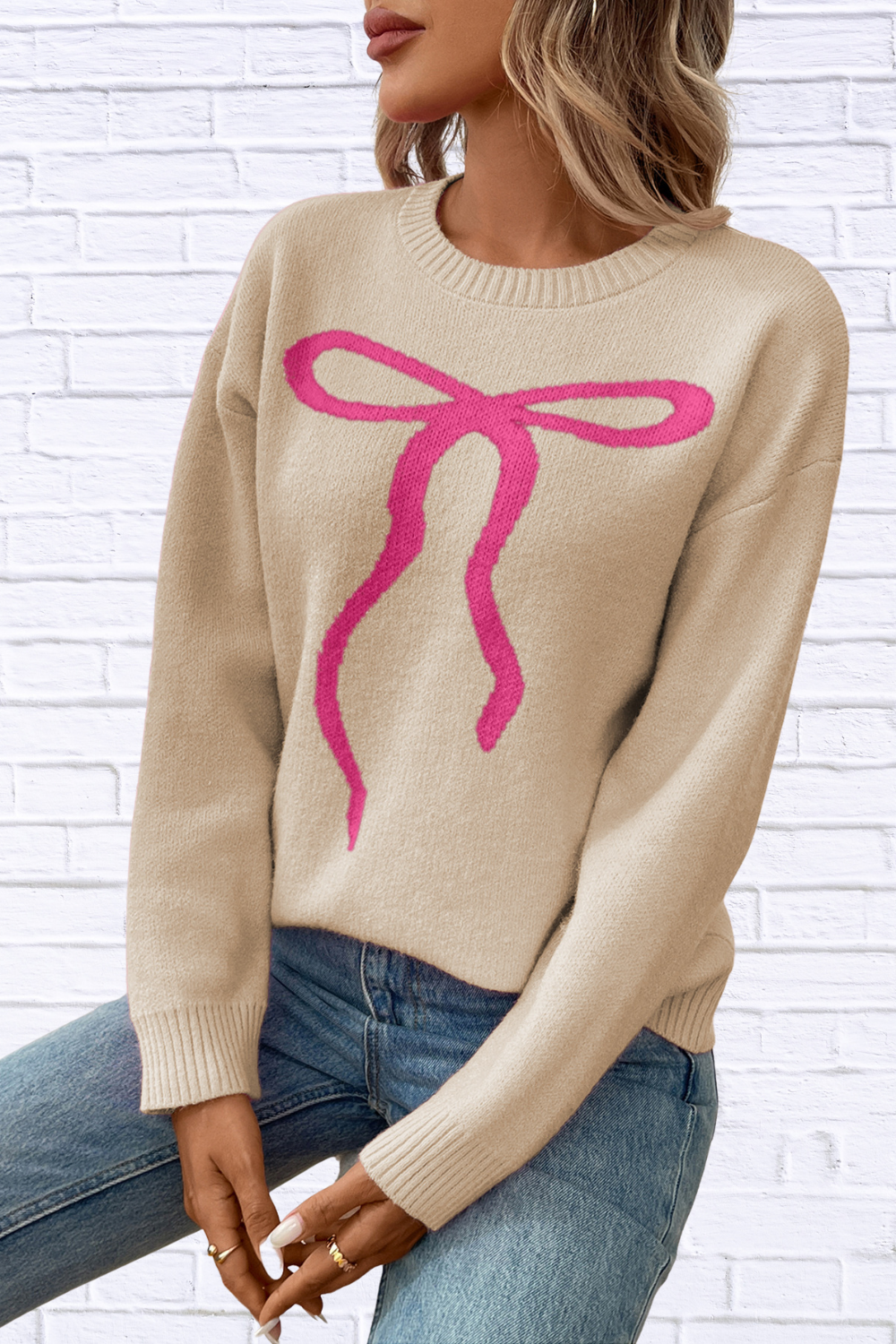 Bow Round Neck Long Sleeve Sweater