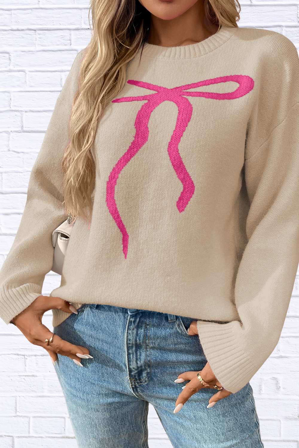 Bow Round Neck Long Sleeve Sweater