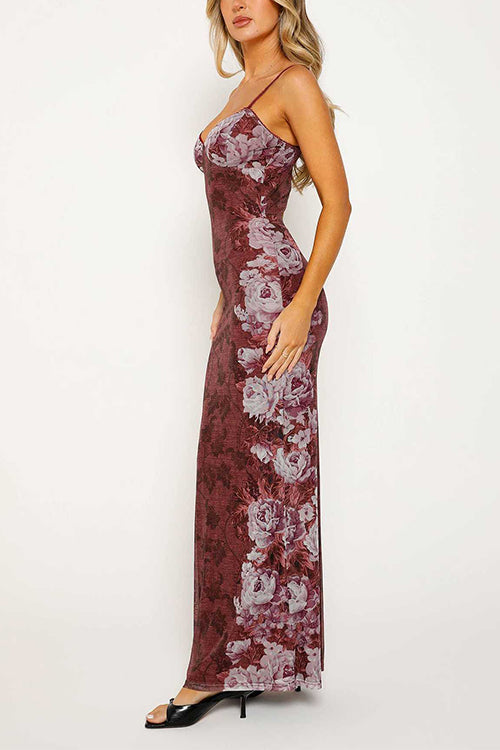 Spaghetti Strap V Neck Floral Print Bodycon Maxi Dress
