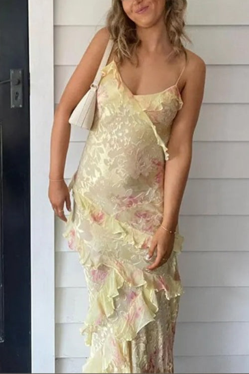 Spaghetti Strap Backless Ruffle Trim Printed Maxi Dress