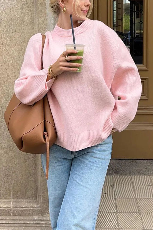 Crewneck Drop Shoulder Oversized Ribbed Knit Sweater