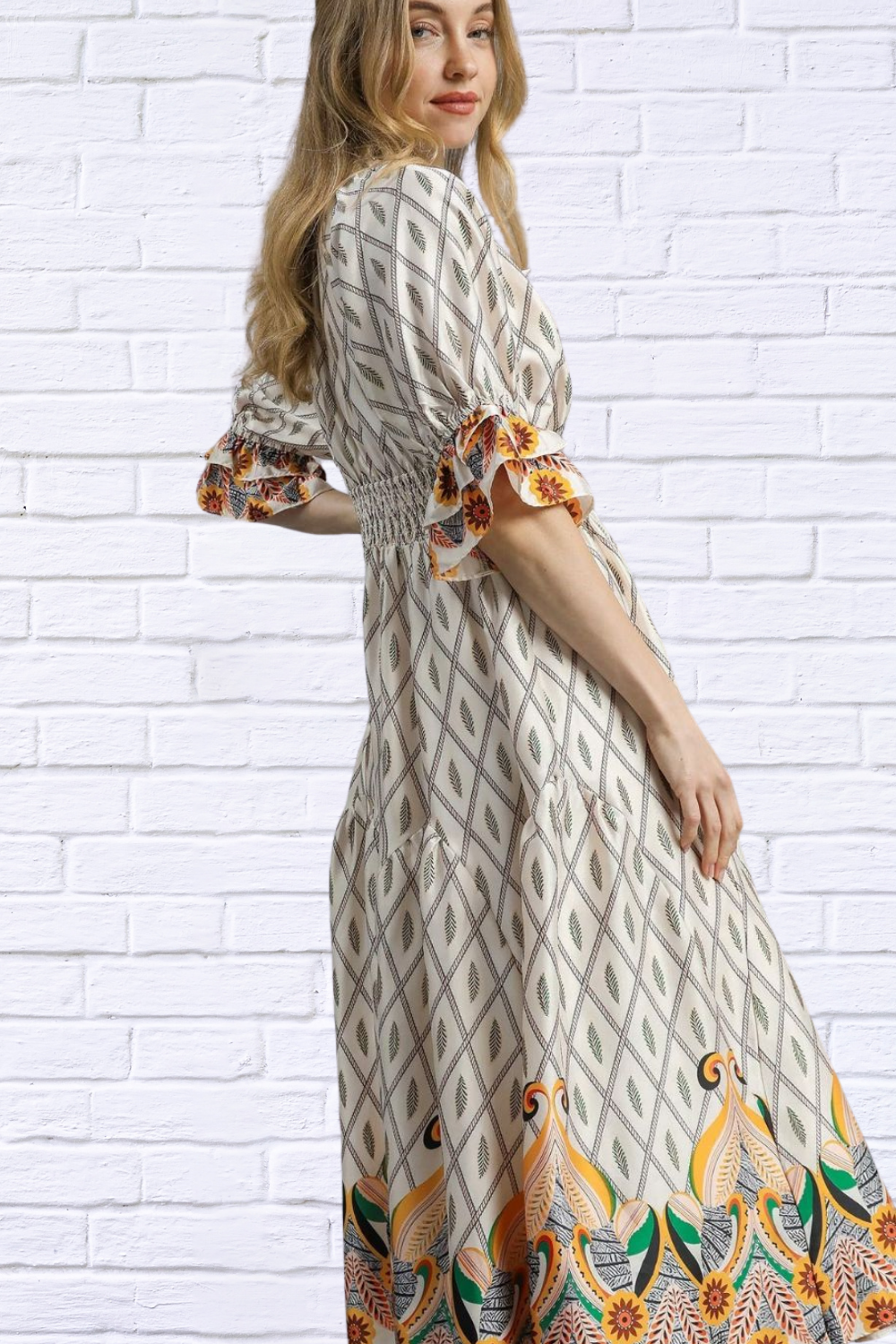 Bohemian Geometric Floral Midi Dress – Artfully Feminine & Effortlessly Chic