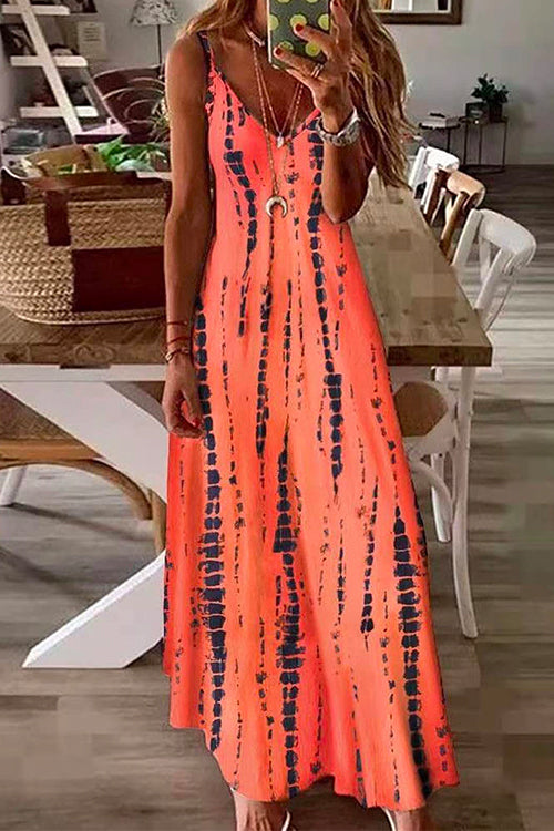 V Neck Tie Dye Swing Maxi Cami Dress Orange