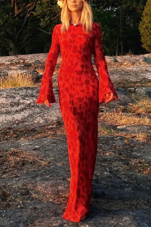Bell Long Sleeves Floral Print Maxi Dress