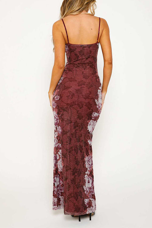 Spaghetti Strap V Neck Floral Print Bodycon Maxi Dress
