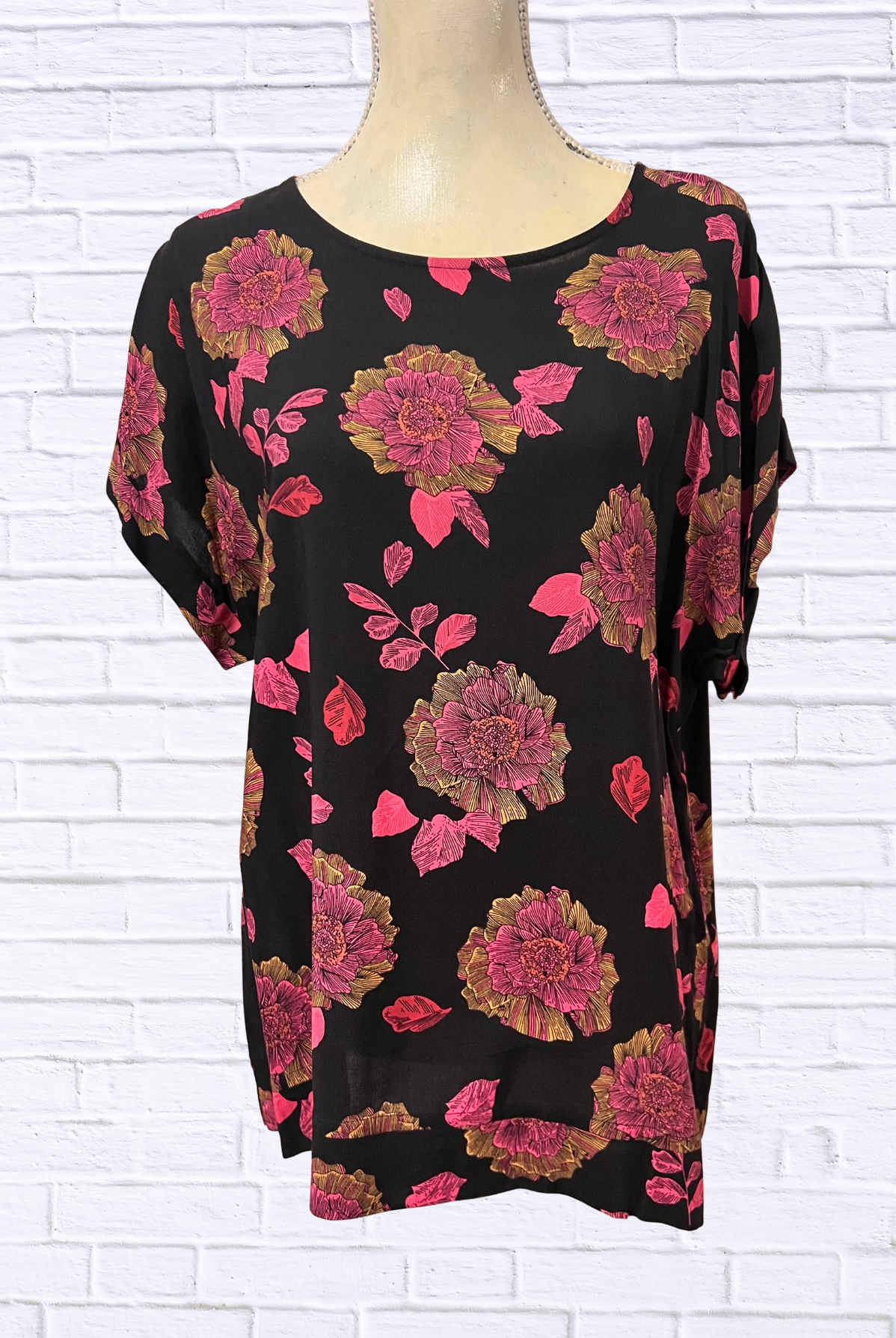 🌸 Black & Pink Floral Print Short Sleeve Blouse