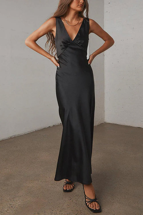 V Neck Sleeveless Tie Back Satin Maxi Dress