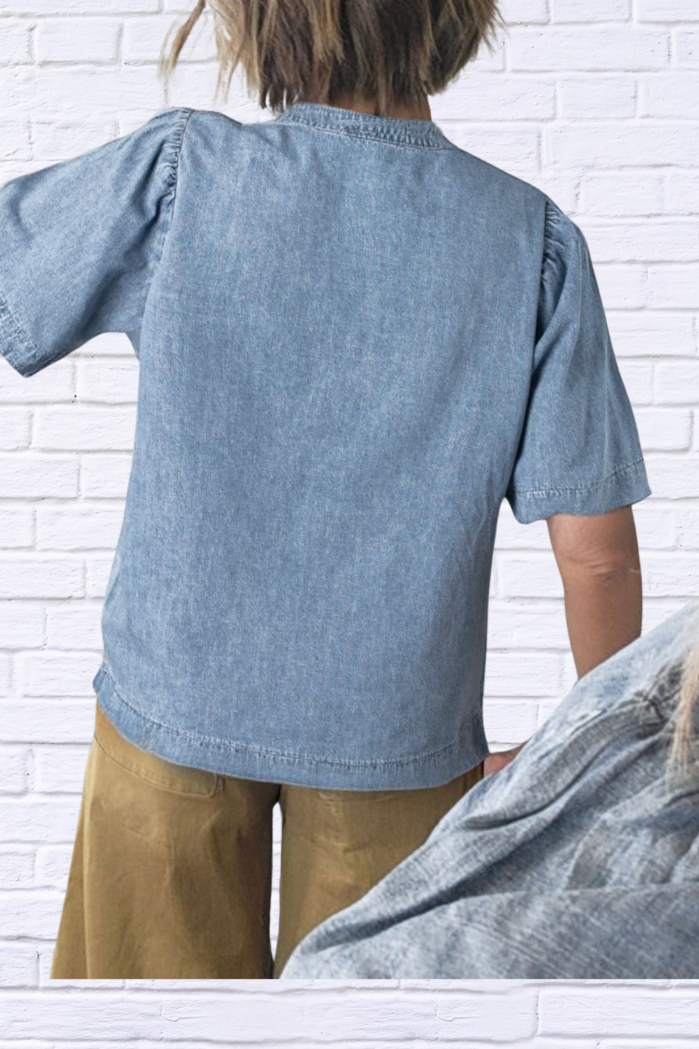 Casual Notched Puff Sleeve Denim Top