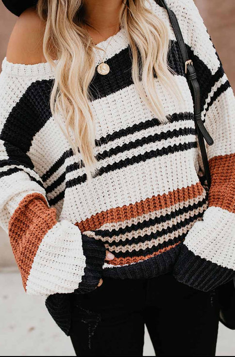 Fashion Casual Street Striped Patchwork O Neck Tops