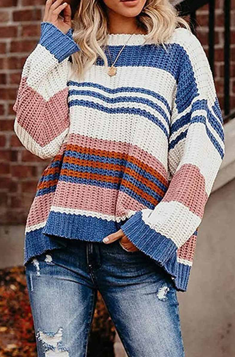 Fashion Casual Street Striped Patchwork O Neck Tops