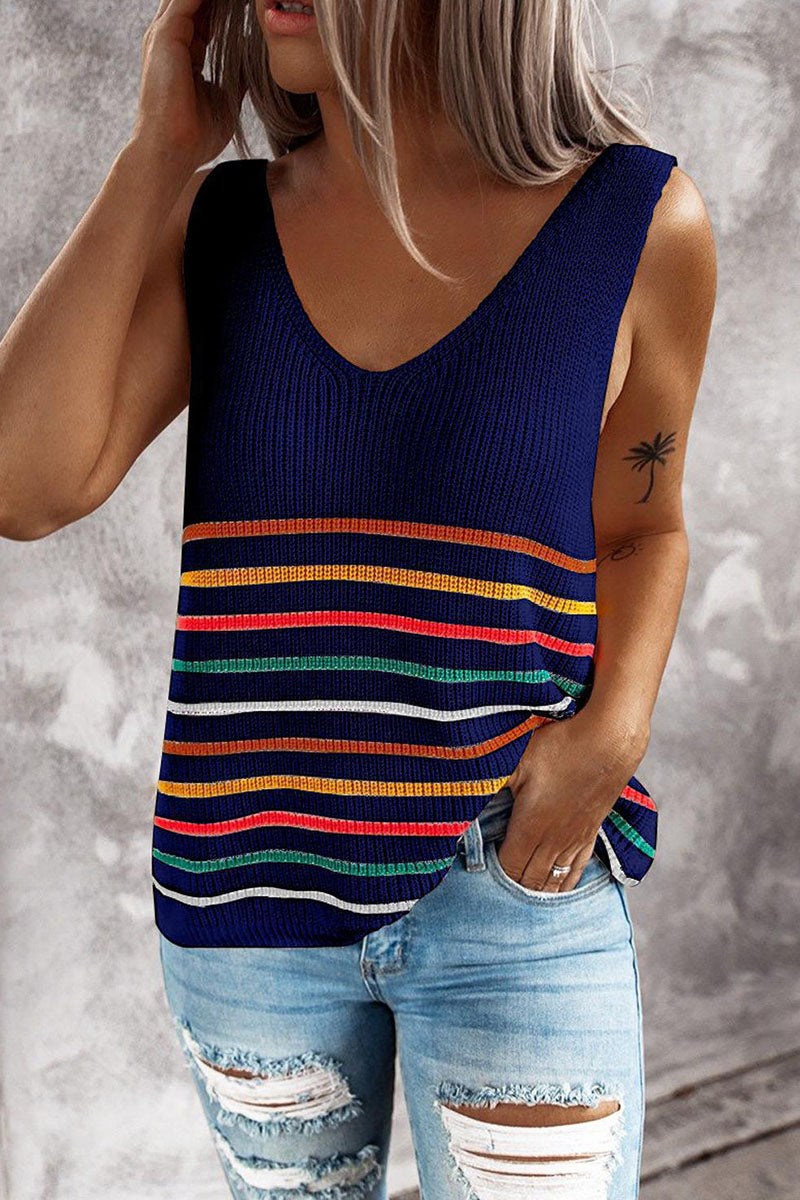 Fashion Casual Striped Patchwork V Neck Tops(4 colors)