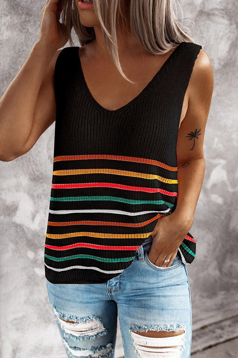 Fashion Casual Striped Patchwork V Neck Tops(4 colors)