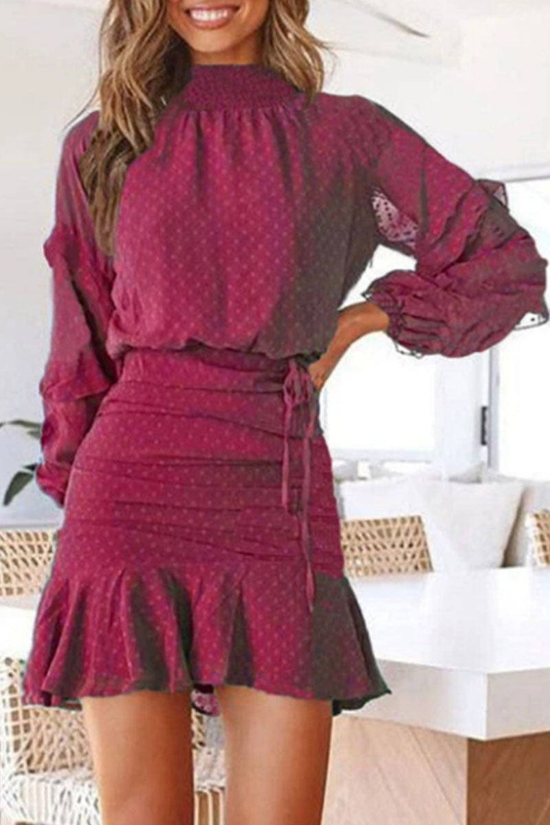 Fashion Street Dot Flounce O Neck Long Sleeve Two Pieces(4 colors)