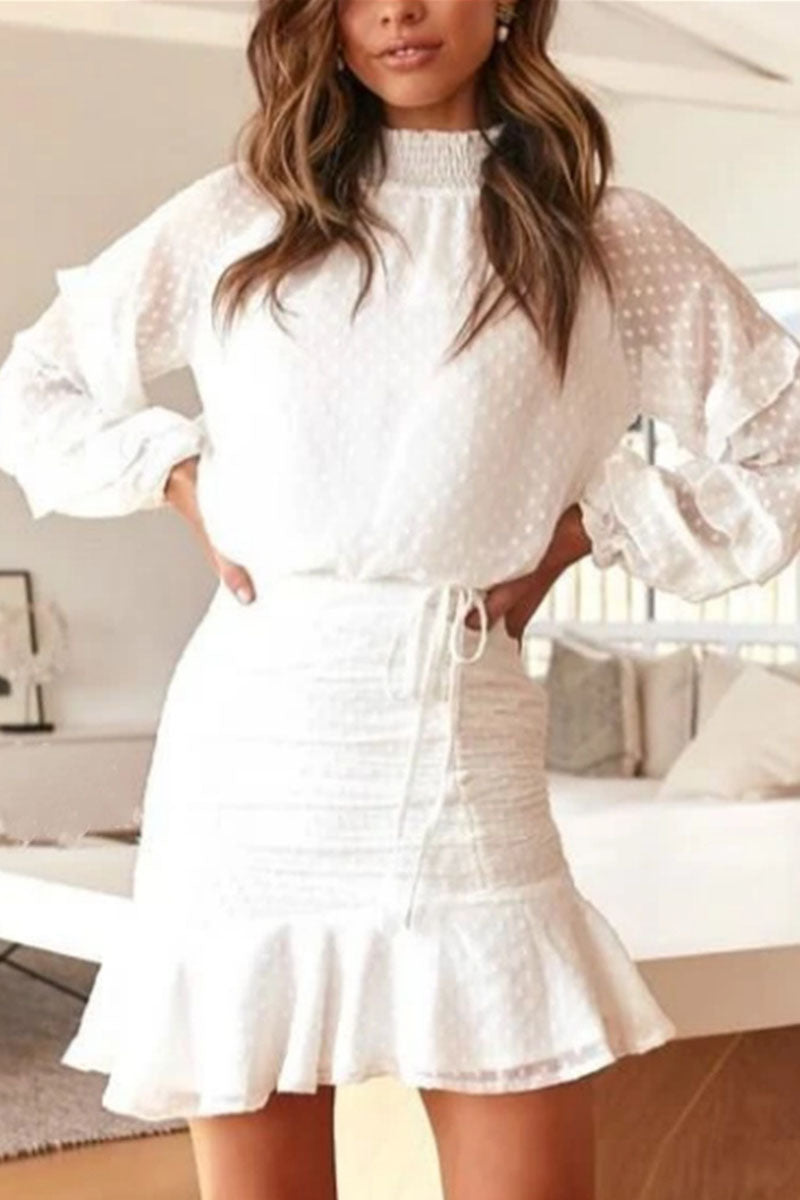 Fashion Street Dot Flounce O Neck Long Sleeve Two Pieces(4 colors)