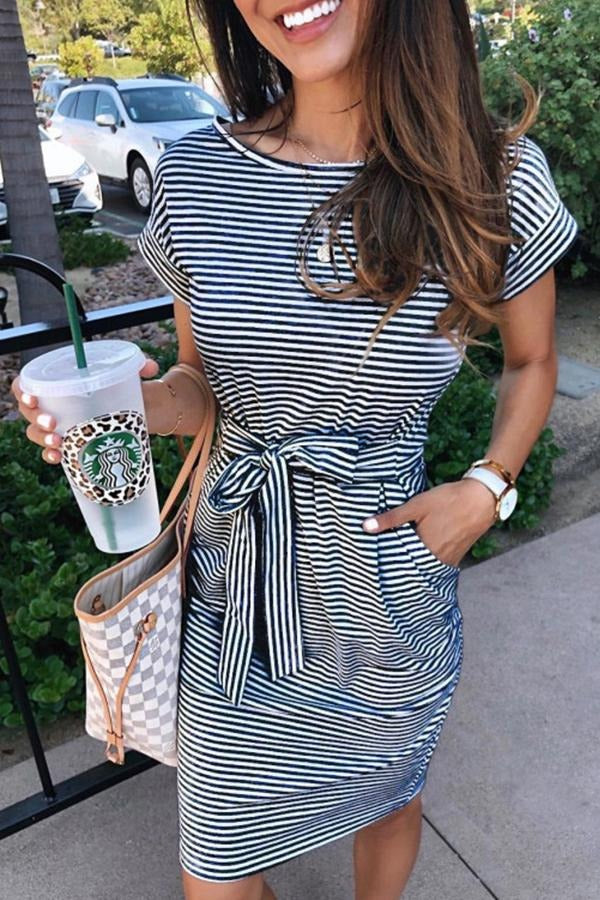 Cap Sleeve Short Sleeves O neck A-Line Knee-Length Striped Patchwork Dresses(3 Colors)