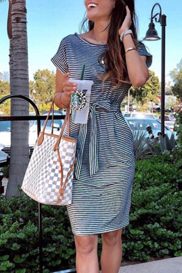 Cap Sleeve Short Sleeves O neck A-Line Knee-Length Striped Patchwork Dresses(3 Colors)