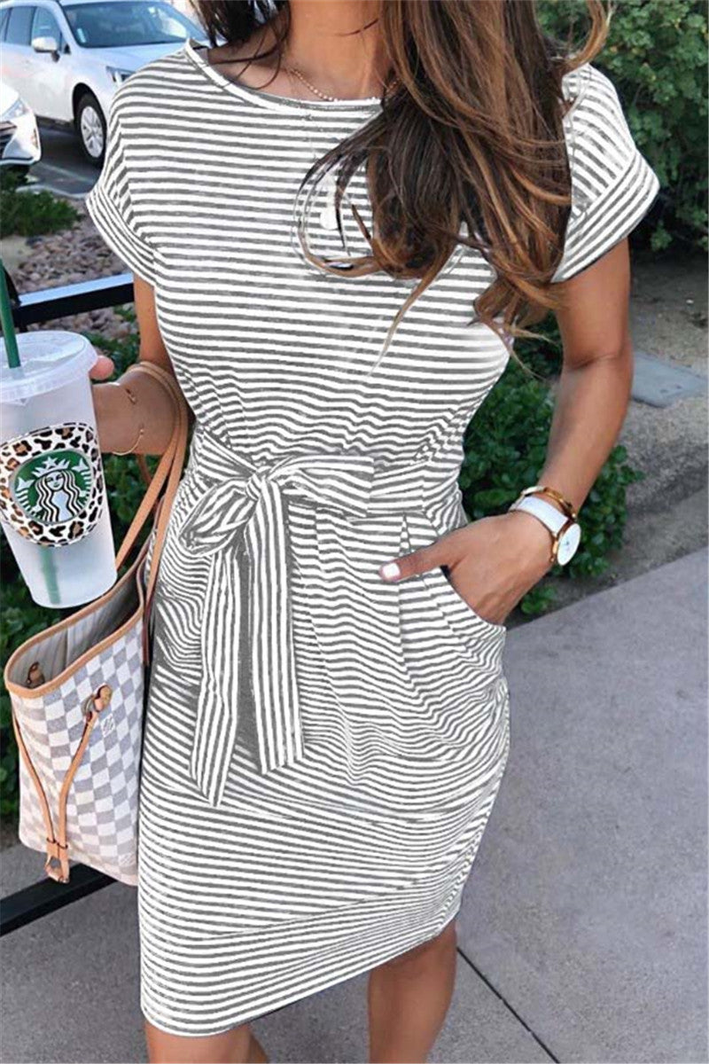 Cap Sleeve Short Sleeves O neck A-Line Knee-Length Striped Patchwork Dresses(3 Colors)