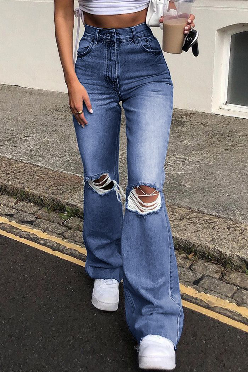 Street Solid Ripped Make Old Boot Cut Bottoms(3 Colors)