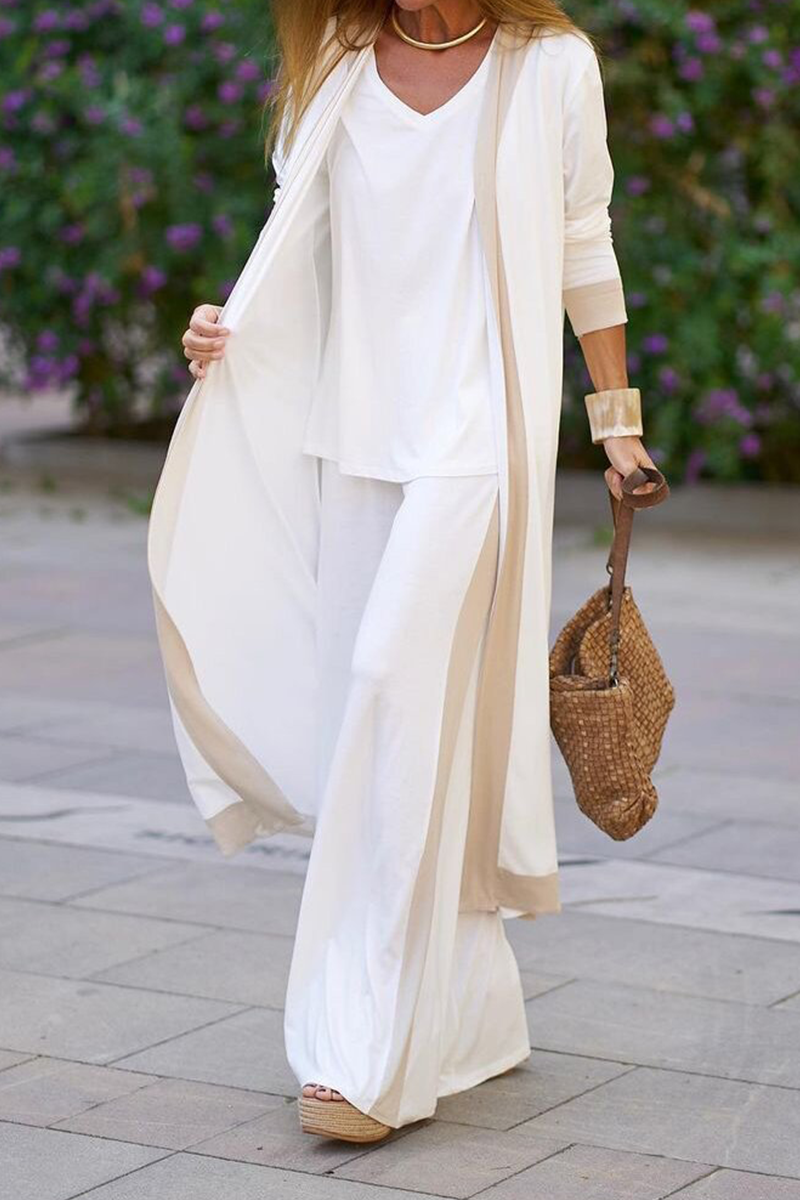 Ensemble 3 pièces décontracté et élégant, col en V contrasté, manches longues (5 couleurs)