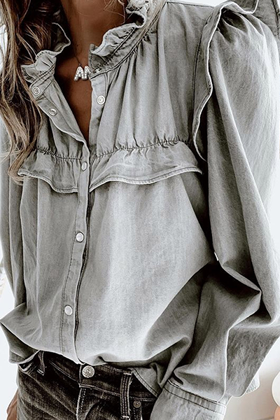 Casual Solid Buckle Flounce Mandarin Collar Tops