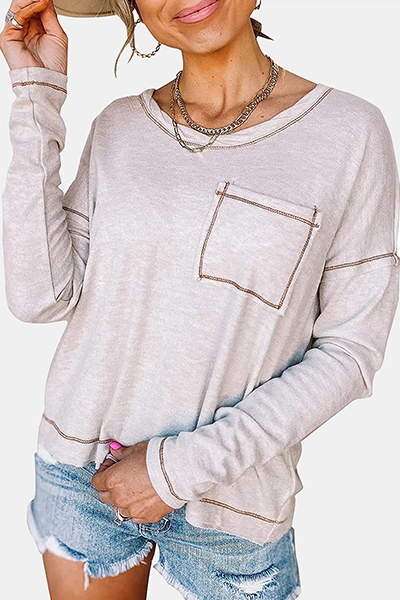 Casual Patchwork Pocket O Neck Tops