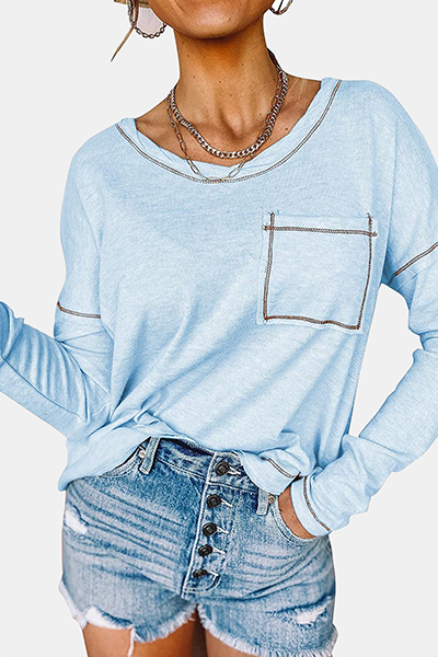 Casual Patchwork Pocket O Neck Tops