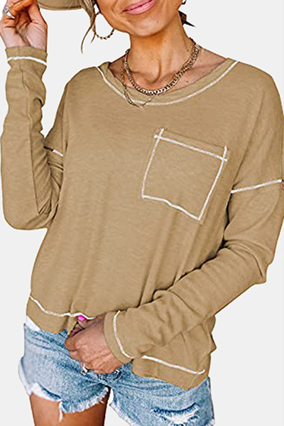 Casual Patchwork Pocket O Neck Tops