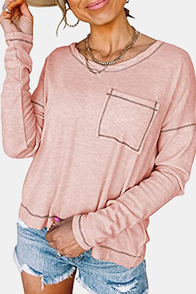 Casual Patchwork Pocket O Neck Tops