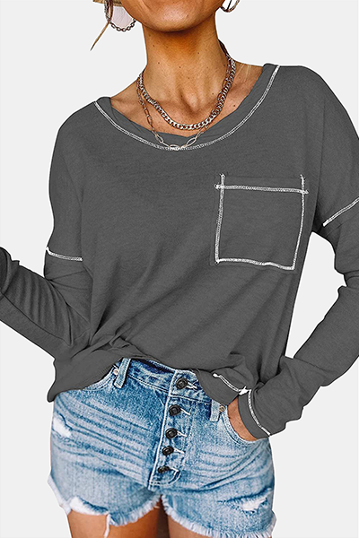 Casual Patchwork Pocket O Neck Tops