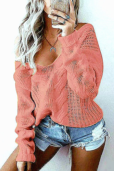 Casual Solid Hollowed Out Patchwork V Neck Tops