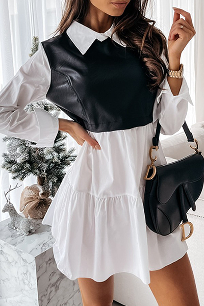 Elegant Patchwork Flounce Contrast Turndown Collar A Line Dresses(3 Colors)