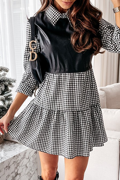 Elegant Patchwork Flounce Contrast Turndown Collar A Line Dresses(3 Colors)