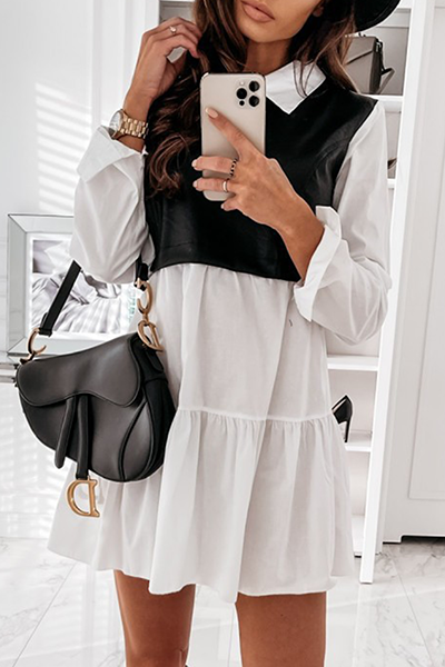 Elegant Patchwork Flounce Contrast Turndown Collar A Line Dresses(3 Colors)