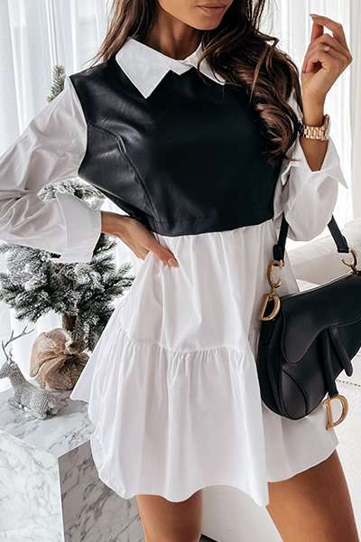 Elegant Patchwork Flounce Contrast Turndown Collar A Line Dresses(3 Colors)