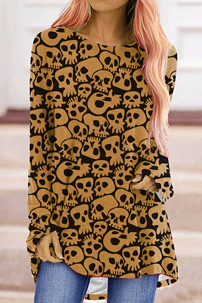 Street Print Split Joint Basic O Neck Tops