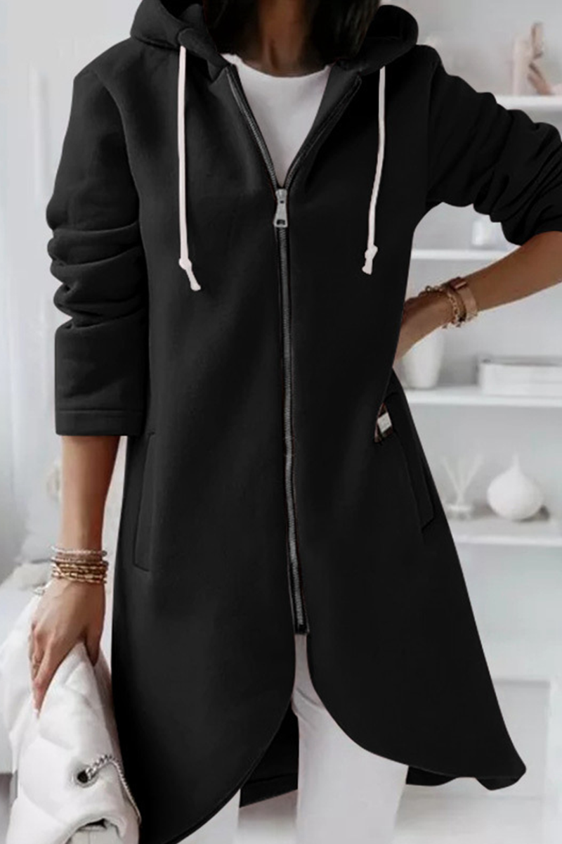 Vêtements d'extérieur décontractés, unis, à capuche avec cordon de serrage et fermeture éclair (8 couleurs)