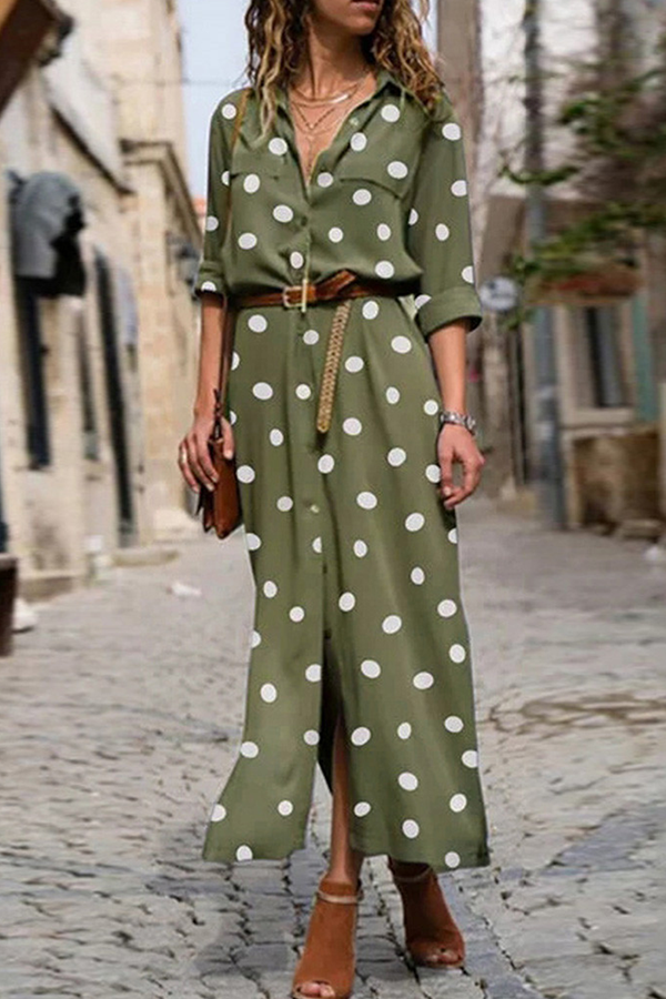 Casual Polka Dot Buckle Slit Turndown Collar Shirt Dress Dresses (Without Belt)(4 Colors)